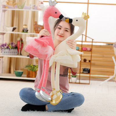 Crown Swan Plush Toy | Soft Stuffed Animal White Swan Doll Cushion | Cute Cartoon Gift for Kids in Pink & White